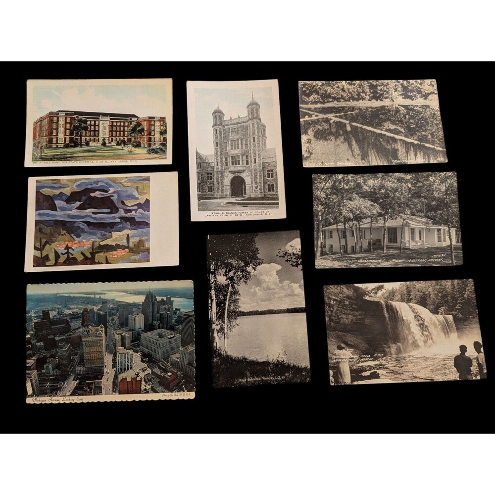 Lot of 8 Vintage Michigan Postcards 40s 50s Detroit Ann Arbor Manistique Stamps